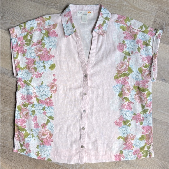 C&C California Tops - C & C California Button Up Ladies Shirt W/Collar V-Neck 100% Linen Size Large